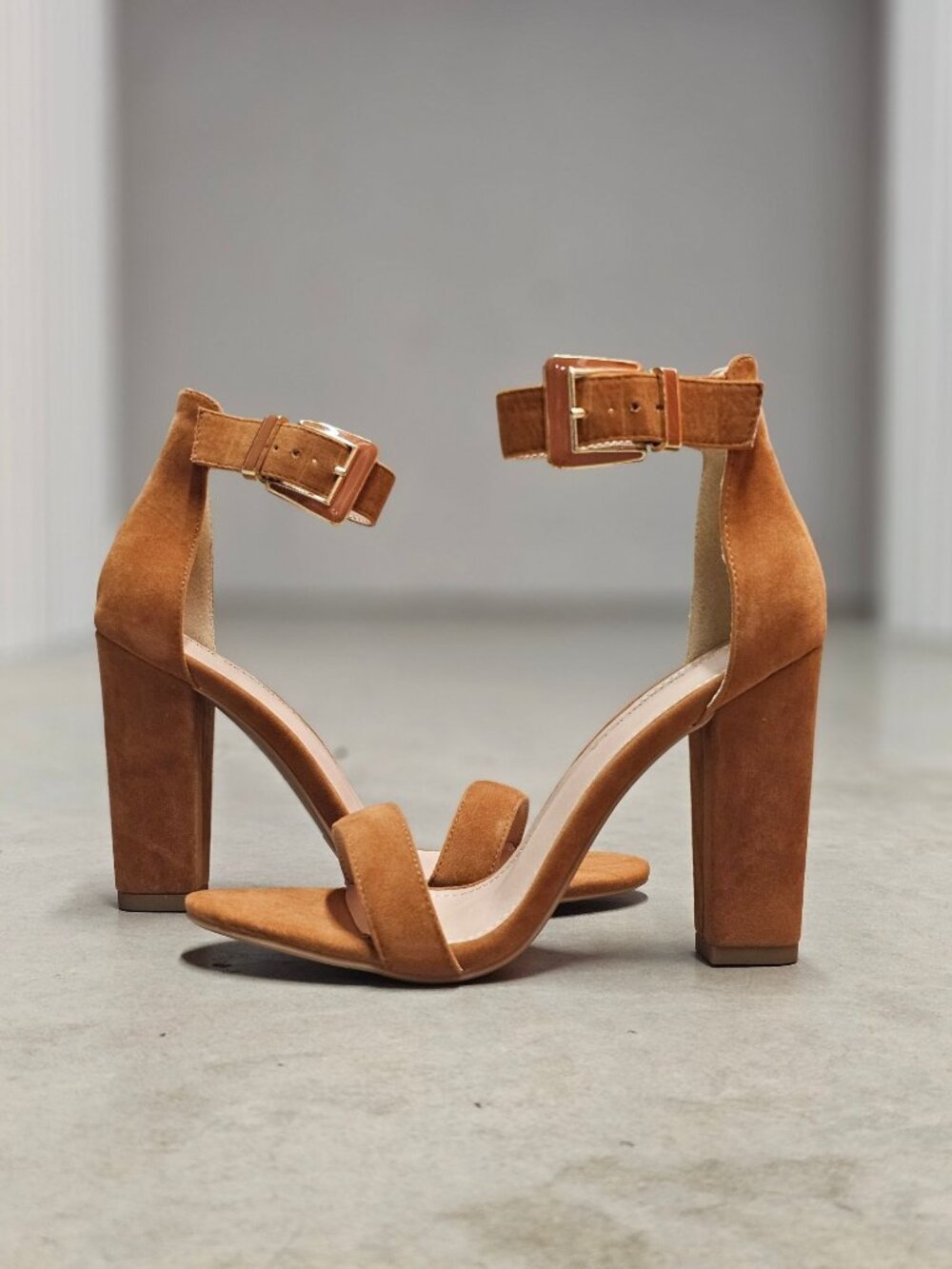 Block Heel Chestnut Faux Suede Ankle Strap Sandals With Buckle Closure For Women